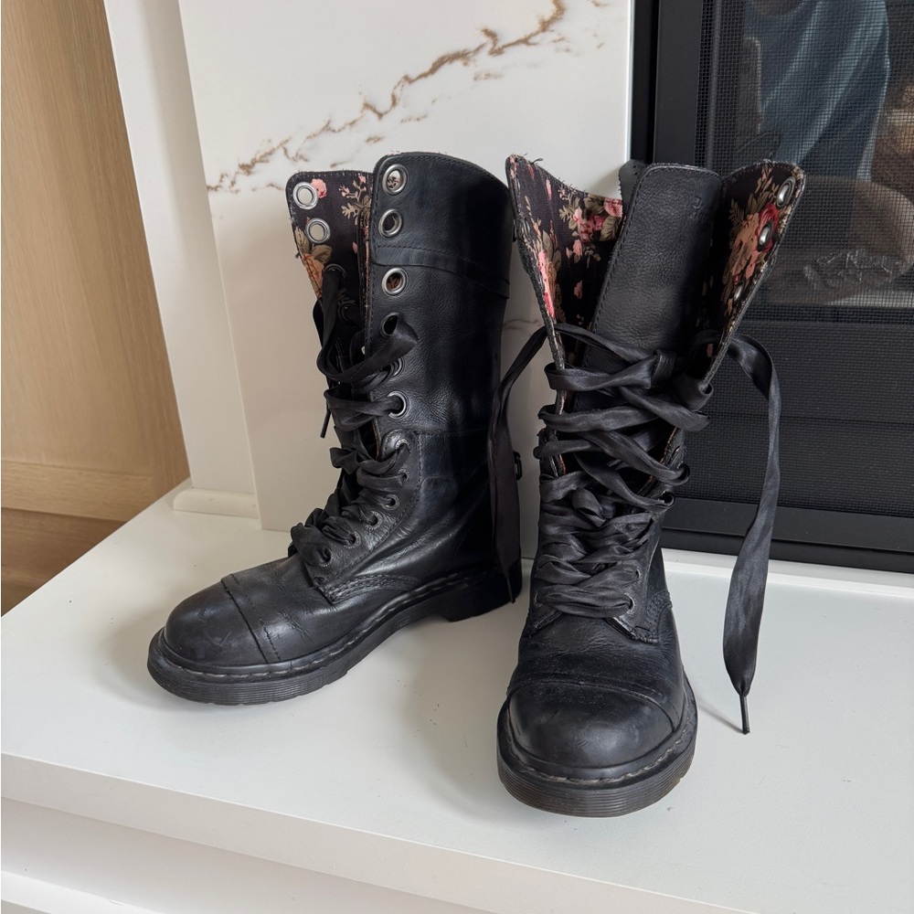 Dr. Martens Black Combat Boots with Floral Lining